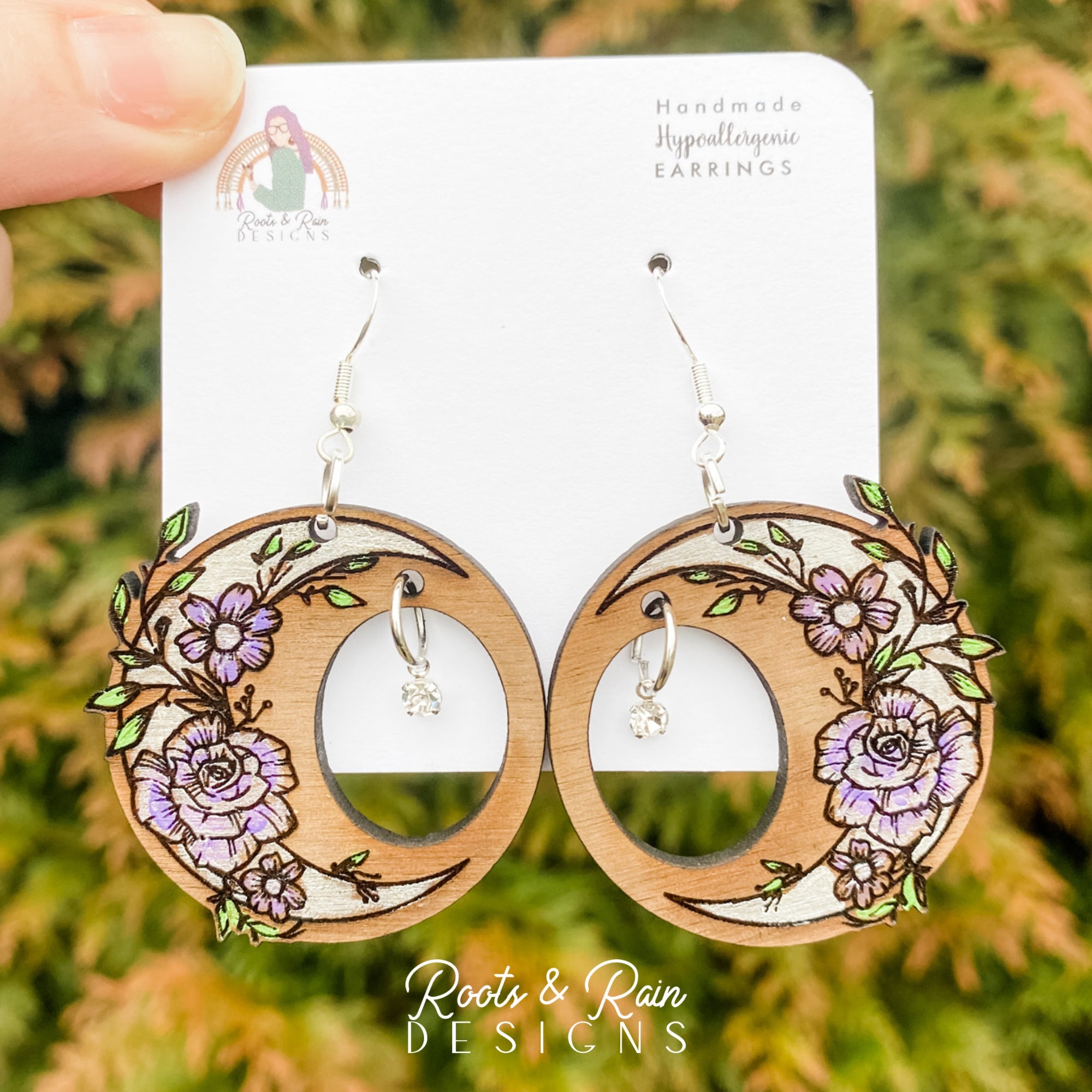 Floral Moon Earrings with Rhinestone Dangle